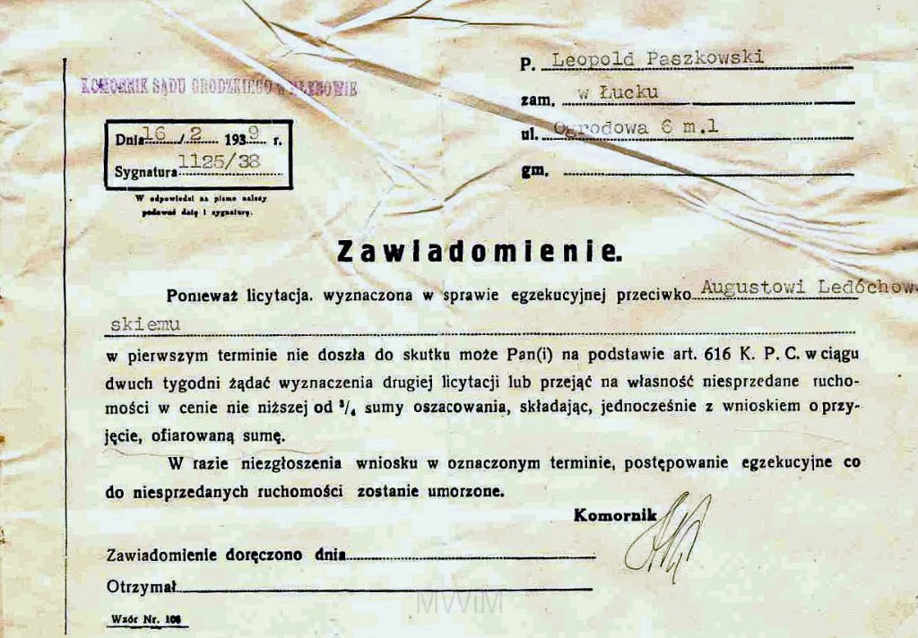 KKE 5953-17.jpg - Dok. Teczka Wierzytelności (spraw spornych) pomiędzy Leopoldem Kleofasem Paszkowskim a hrabią Augustem Ledóchowskim z Ostrożca, Równe, 26 XI 1935/29 VIII 1939 r.